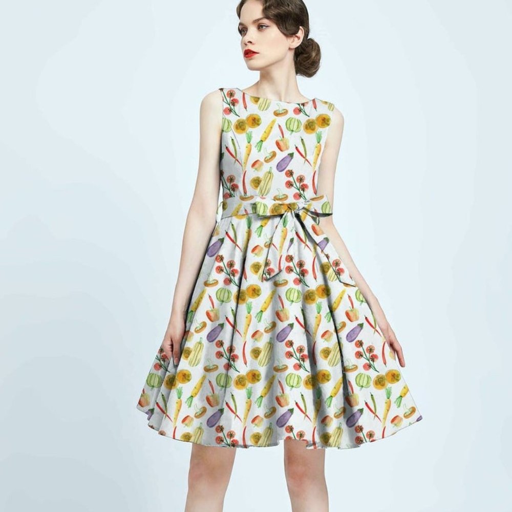 Ruby Vintage Retro Pinup Swing Dress in Veggie Print by Miss Lulo